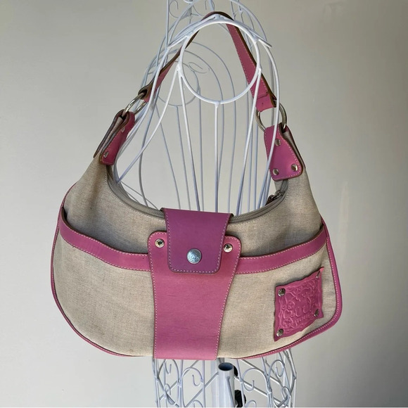 Vintage tous shoulder bag canvas leather zip beige pink purse Y2K - Picture 1 of 11